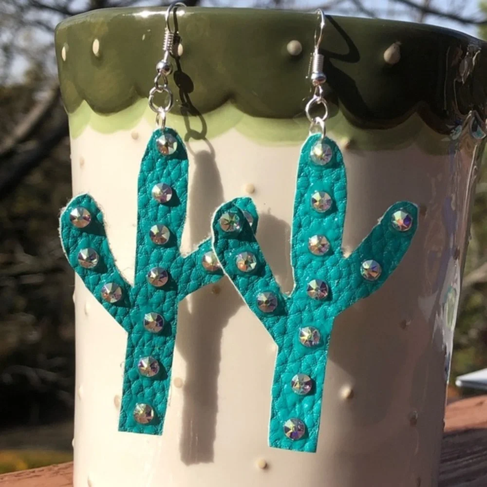 Faux Leather Rhinestone Earrings - Picture 2 of 2